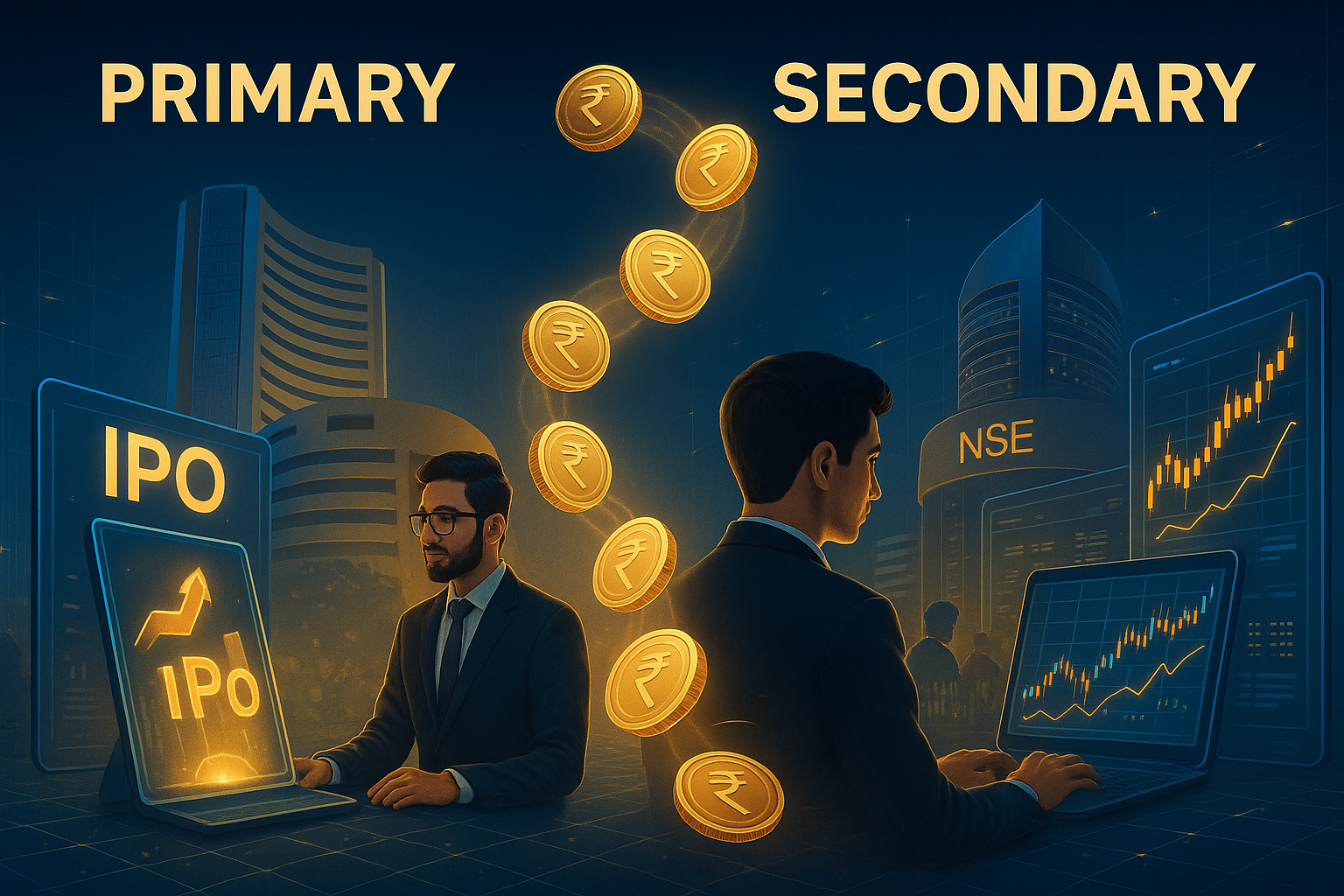 A futuristic digital illustration showing the transition between India’s Primary and Secondary Markets, featuring the BSE and NSE buildings glowing in blue-gold light, golden rupee coins flowing between IPO and stock trading screens, and investors analyzing financial charts — symbolizing India’s financial growth and market evolution.