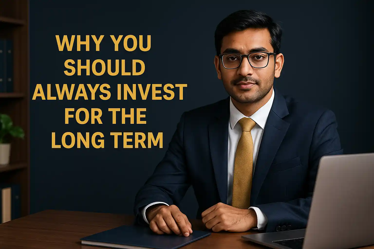 Indian professional man in navy blue suit sitting at office desk with golden text “Why You Should Always Invest for the Long Term,” representing long-term investing concept.