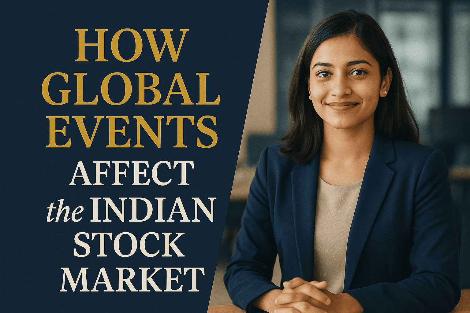 Beautiful Indian professional woman in a navy blue blazer sitting in an office background with a navy blue and gold themed banner titled “How Global Events Affect the Indian Stock Market.”