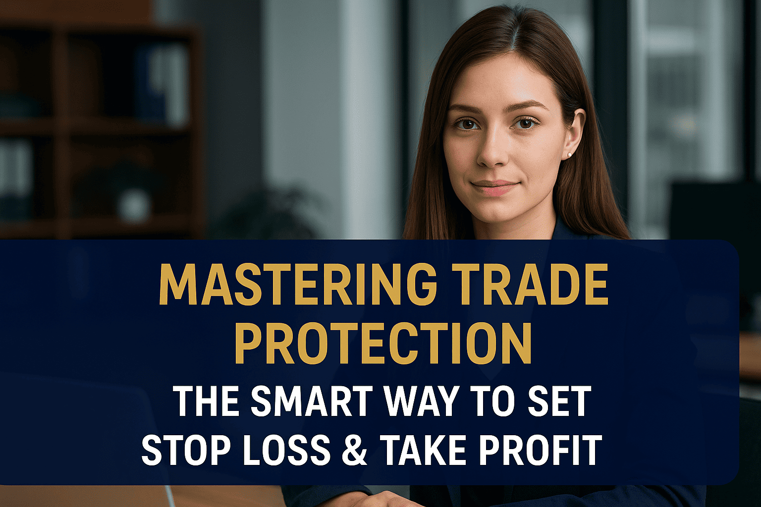 Beautiful professional woman in office background with navy blue and gold theme banner titled “Mastering Trade Protection – The Smart Way to Set Stop Loss & Take Profit.”