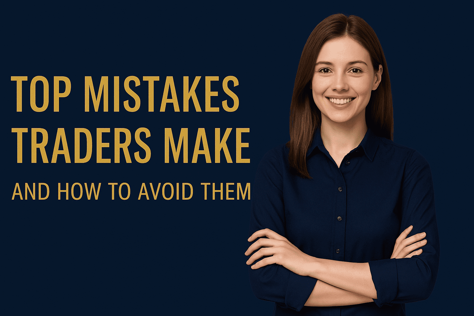 A beautiful woman in a navy blue shirt smiling with folded arms on a dark navy background, with gold text saying “Top Mistakes Traders Make and How to Avoid Them.”