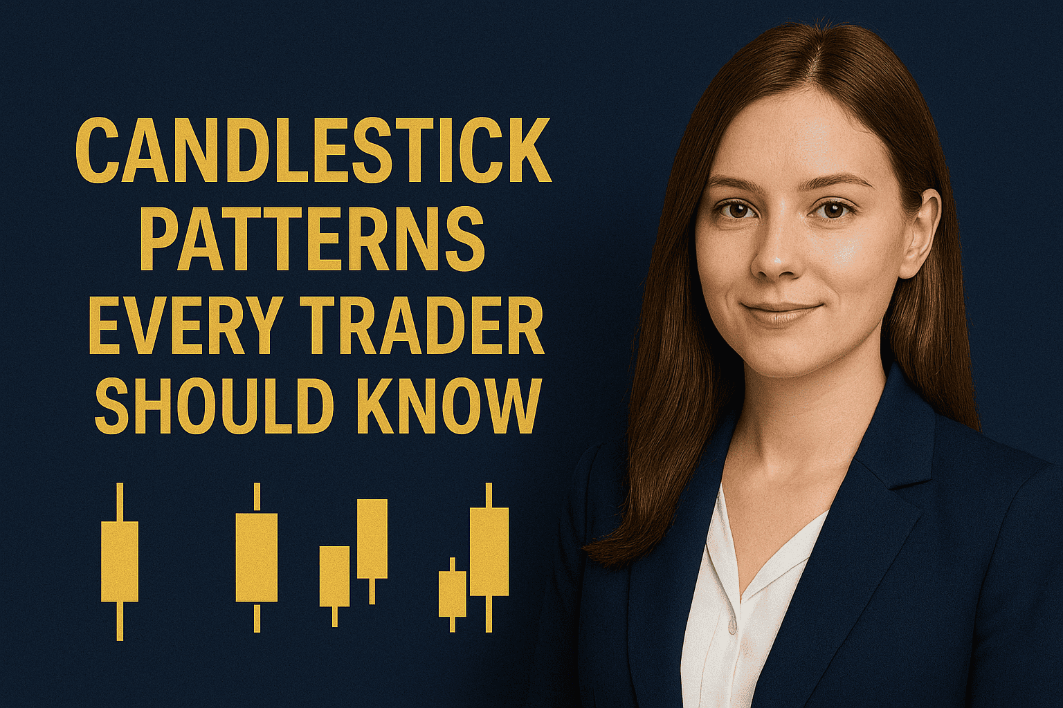 Professional woman in office attire standing beside candlestick chart icons with the title “Candlestick Patterns Every Trader Should Know” in gold text on a navy blue background.
