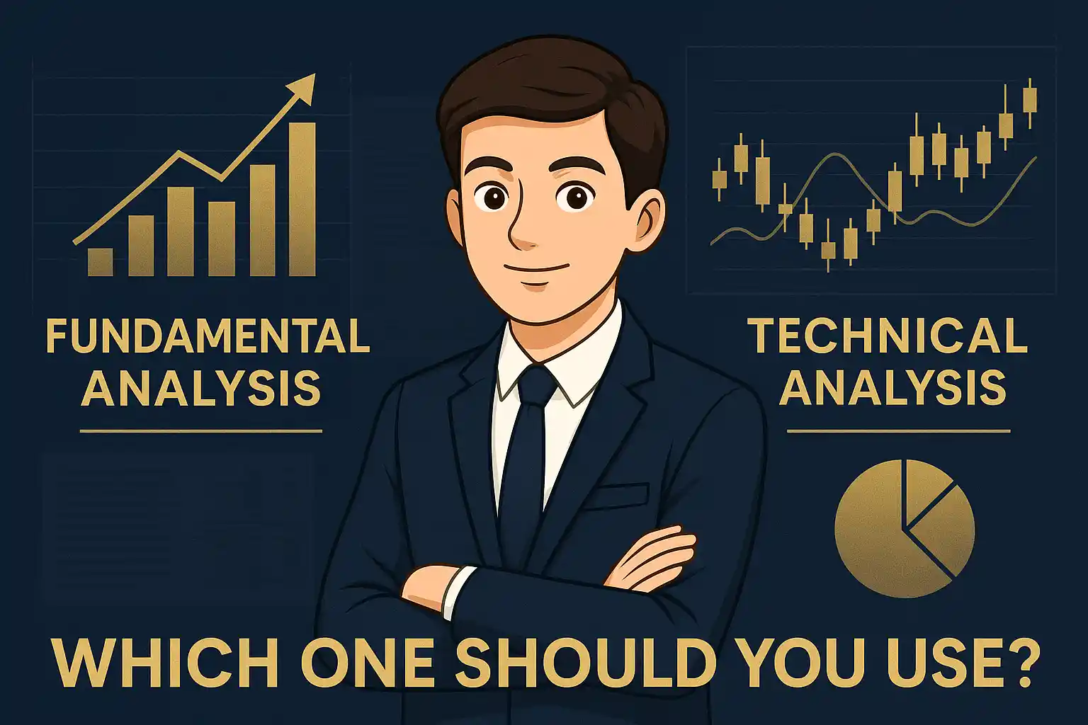 A professional digital illustration comparing fundamental analysis and technical analysis in investing, featuring a confident young man in a navy-blue suit with golden financial charts and icons on a dark background.