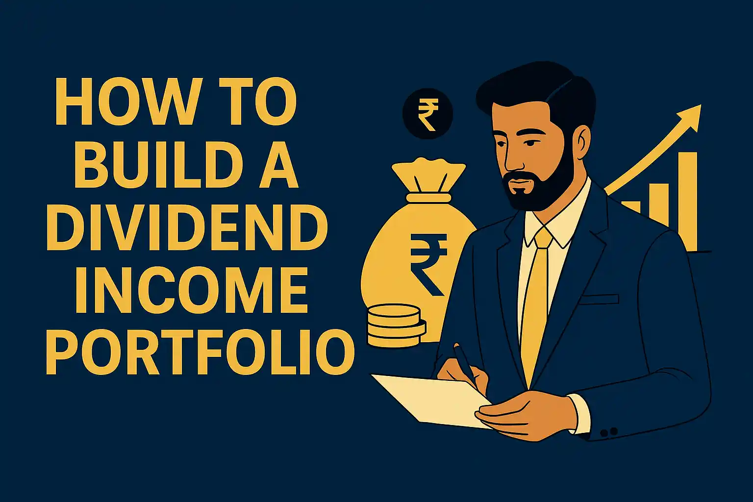 Illustration of an Indian professional investor in a navy-blue suit analyzing dividend income with gold rupee symbols, money bag, and rising bar chart, representing how to build a dividend income portfolio.
