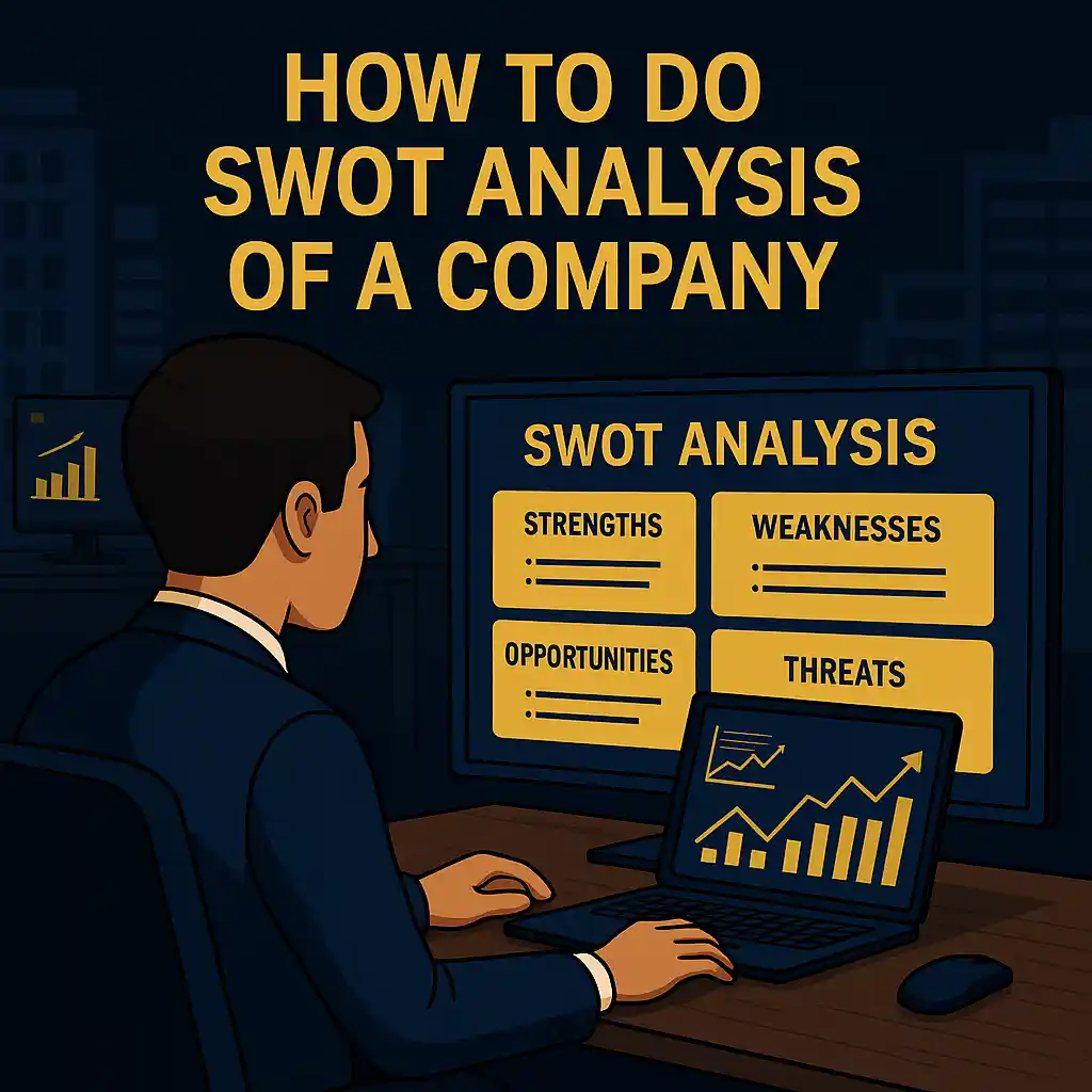 Indian professional businessman analyzing SWOT analysis on dual monitors with strengths, weaknesses, opportunities and threats displayed in blue-gold theme.