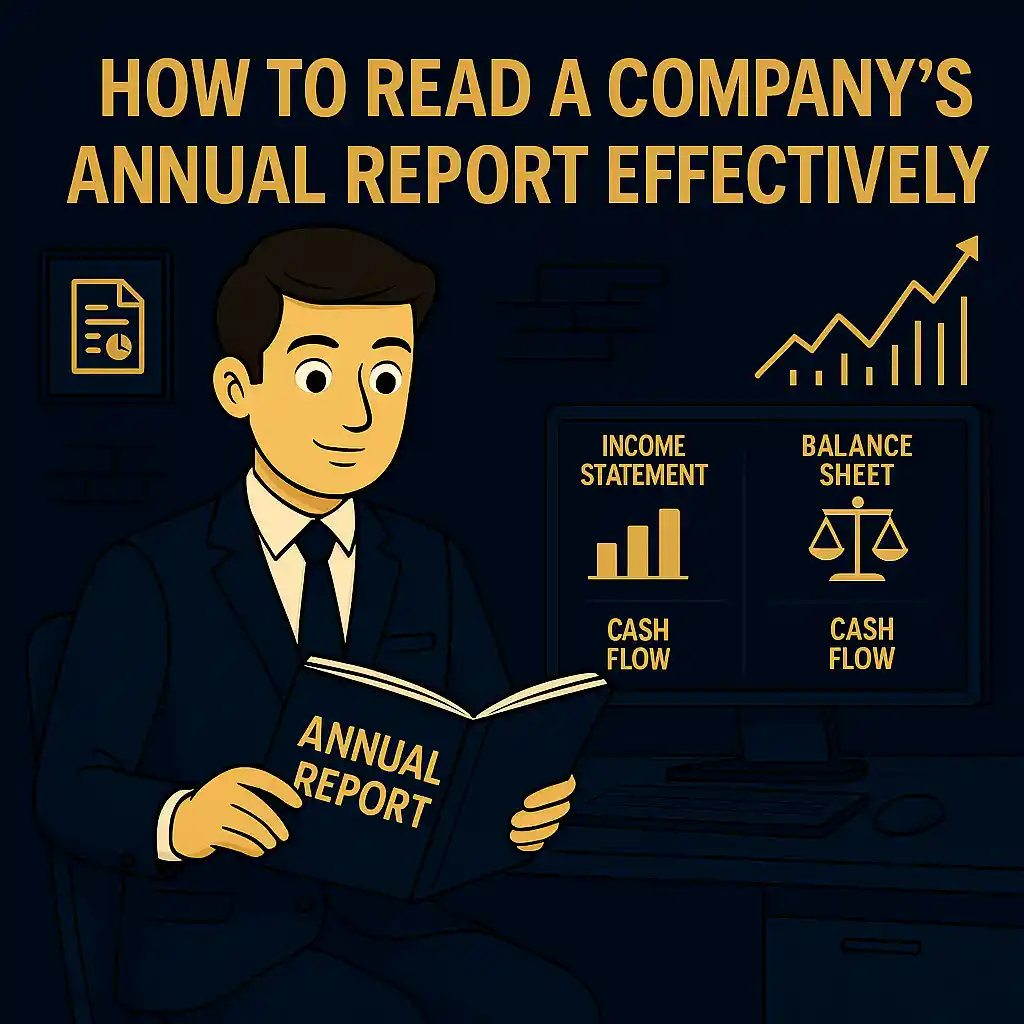 Indian businessman reading a company’s annual report with financial charts, income statement, balance sheet and cash flow displayed on screens in a blue-gold office theme.