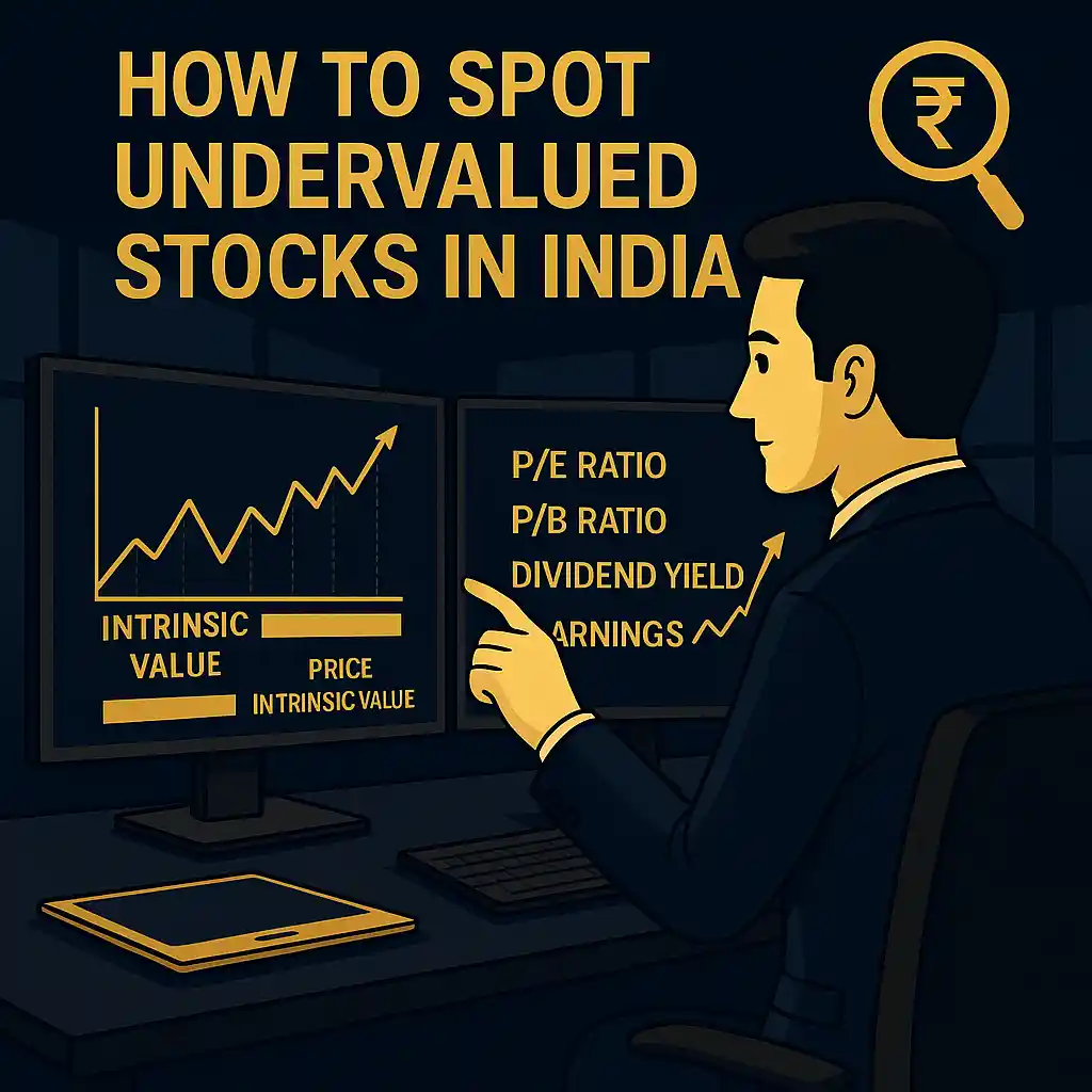 Indian stock market analyst evaluating P/E, P/B ratio and intrinsic value charts on dual monitors to identify undervalued stocks in India in a blue-gold themed office
