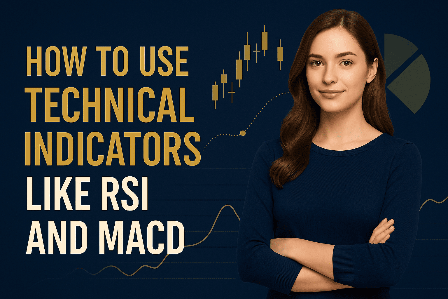Beautiful young woman beside text explaining how to use technical indicators like RSI and MACD on a navy blue and gold financial background