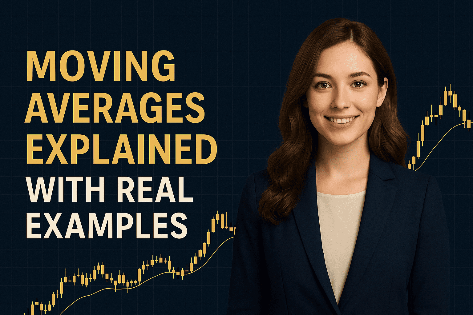 Beautiful woman in a professional navy blazer standing beside a financial chart with moving averages, representing the topic “Moving Averages Explained with Real Examples.”