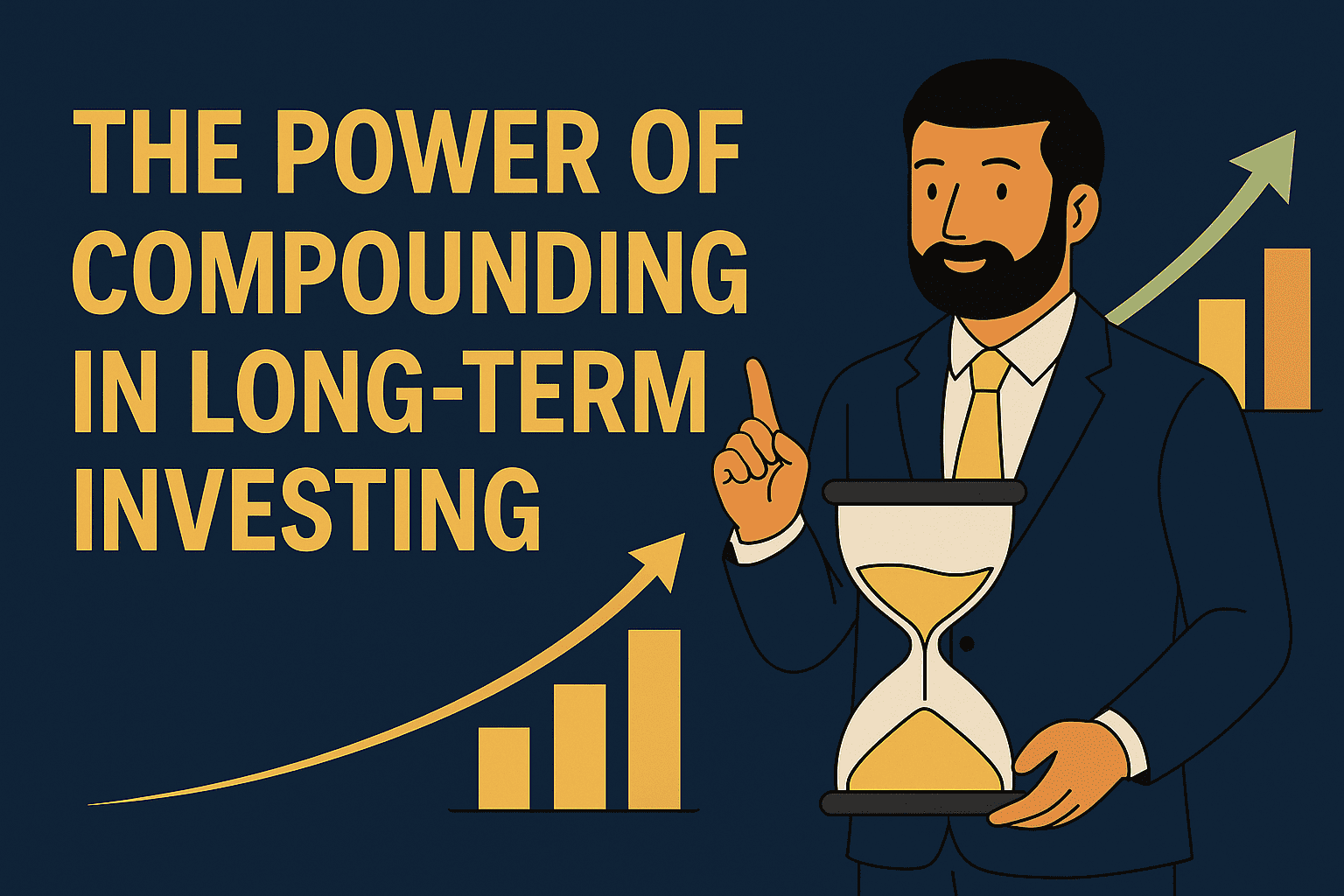 Illustration showing the power of compounding in long-term investing, featuring an Indian businessman holding an hourglass with a rising growth chart in navy blue and gold theme.