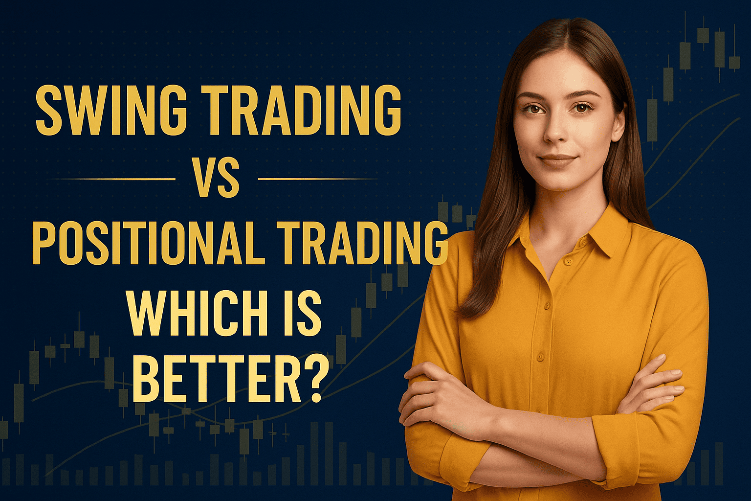 Beautiful young woman standing confidently beside Swing Trading vs Positional Trading text in a navy blue and gold financial theme background