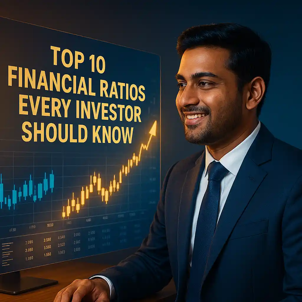 Indian businessman in a navy-blue suit smiling while analyzing financial ratio charts on a glowing digital screen, symbolizing smart investing and financial education.