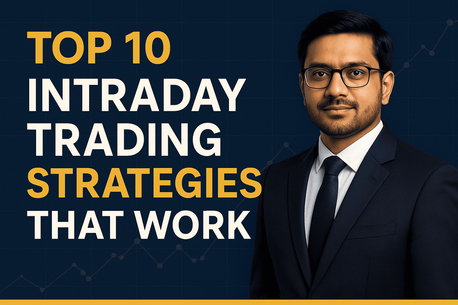 Indian professional trader in navy blue suit with text Top 10 Intraday Trading Strategies That Work on a navy and gold financial background