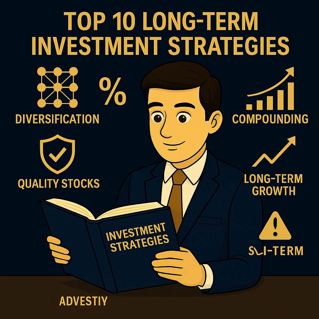 Indian investor reading a strategies book with icons of diversification, compounding, quality stocks, SIP investing and long-term growth on a blue-gold financial infographic